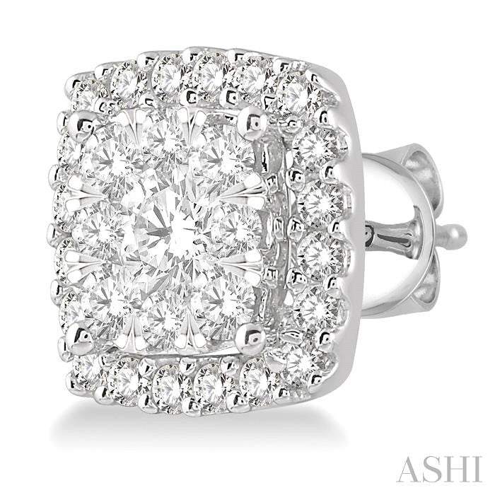 1 Ctw Cushion Shape Shine Bright Round Cut Diamond Stud Earrings in 14K White Gold