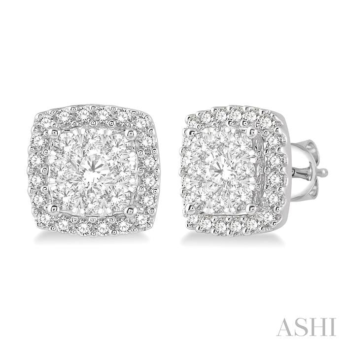 1 Ctw Cushion Shape Shine Bright Round Cut Diamond Stud Earrings in 14K White Gold