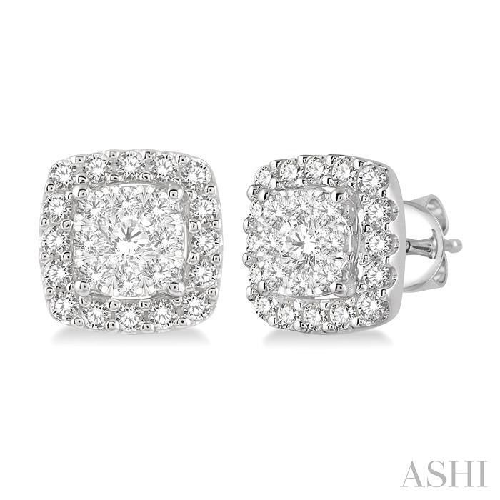 1/2 Ctw Cushion Shape Shine Bright Round Cut Diamond Stud Earrings in 14K White Gold