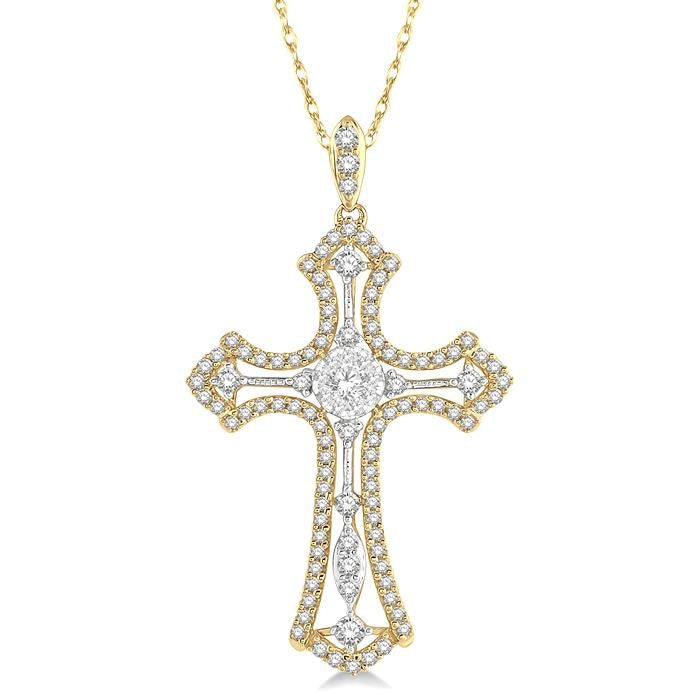 3/4 Ctw Shine Bright Round Cut Diamond Cross Pendant in 14K Yellow and White Gold with chain