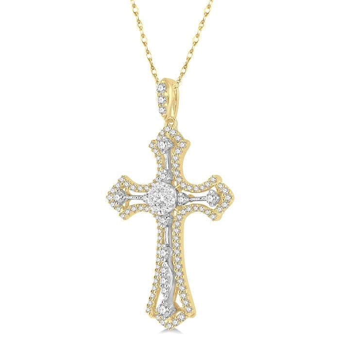 3/4 Ctw Shine Bright Round Cut Diamond Cross Pendant in 14K Yellow and White Gold with chain