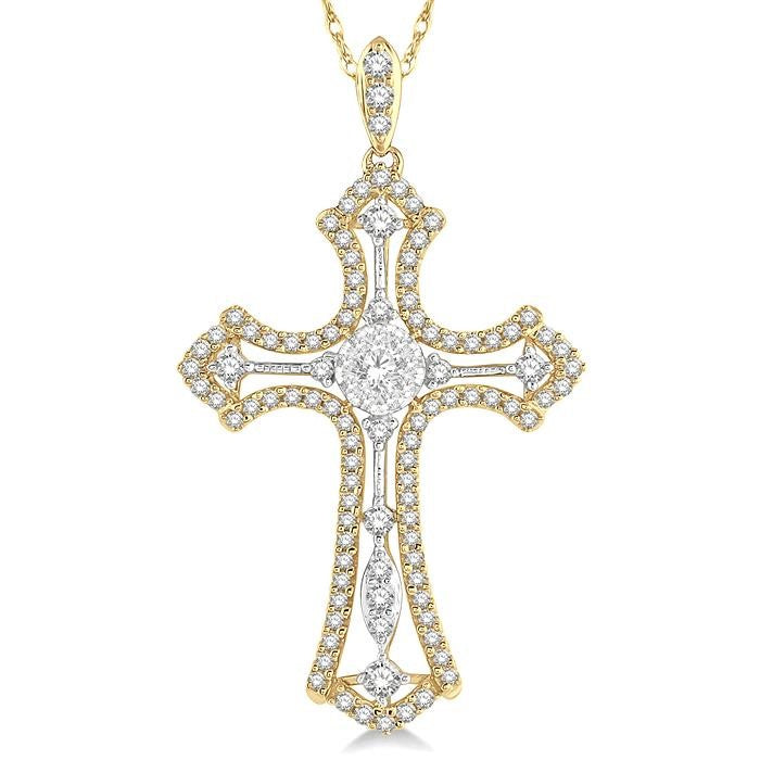 3/4 Ctw Shine Bright Round Cut Diamond Cross Pendant in 14K Yellow and White Gold with chain