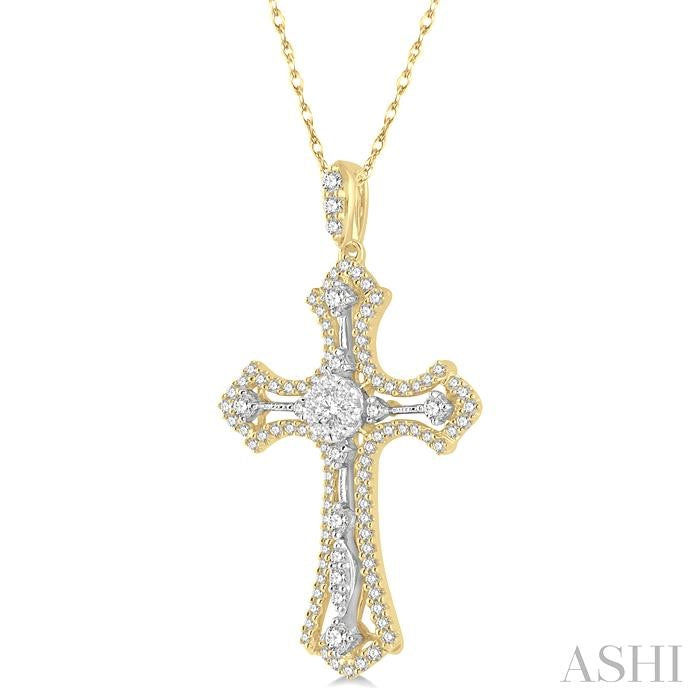 3/4 Ctw Shine Bright Round Cut Diamond Cross Pendant in 14K Yellow and White Gold with chain