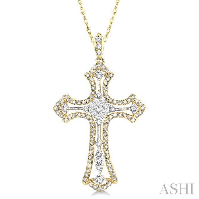 3/4 Ctw Shine Bright Round Cut Diamond Cross Pendant in 14K Yellow and White Gold with chain