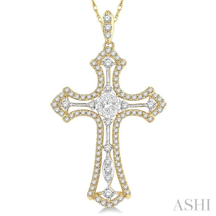 3/4 Ctw Shine Bright Round Cut Diamond Cross Pendant in 14K Yellow and White Gold with chain