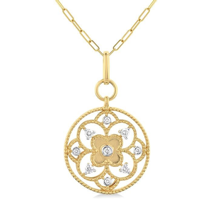1/4 Ctw Circle Floral Carving Round Cut Diamond Fashion Pendant With Paperclip Chain in 14K Yellow Gold