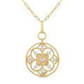 1/4 Ctw Circle Floral Carving Round Cut Diamond Fashion Pendant With Paperclip Chain in 14K Yellow Gold