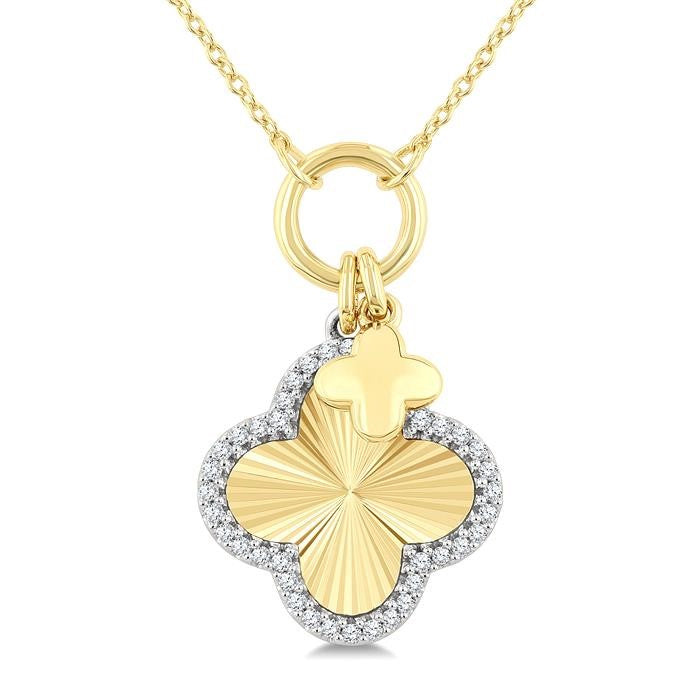 1/6 Ctw Clover Charm Fluted Round Cut Diamond Pirouette Fashion Pendant With Chain in 10K Yellow and White Gold