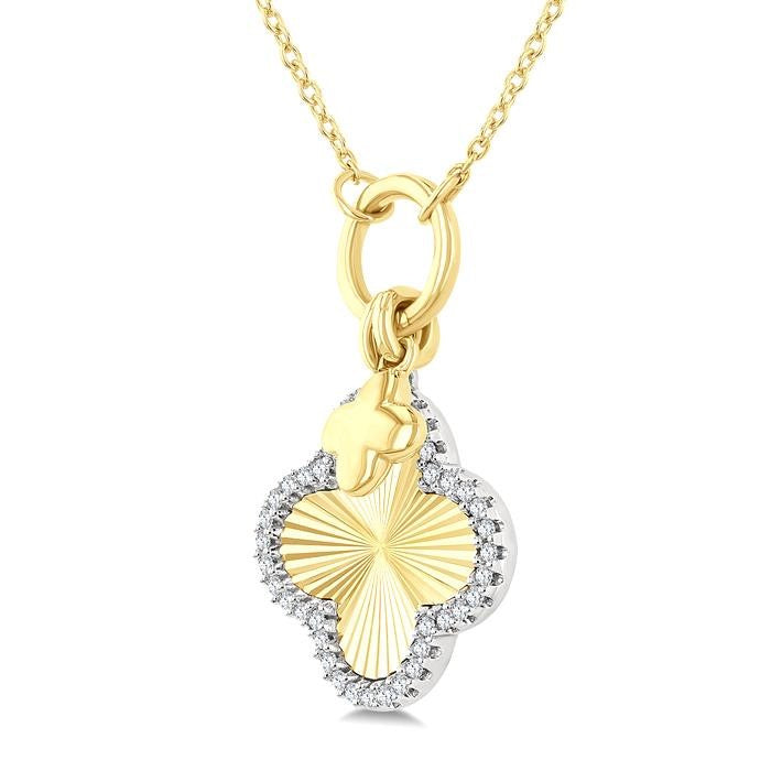 1/6 Ctw Clover Charm Fluted Round Cut Diamond Pirouette Fashion Pendant With Chain in 10K Yellow and White Gold