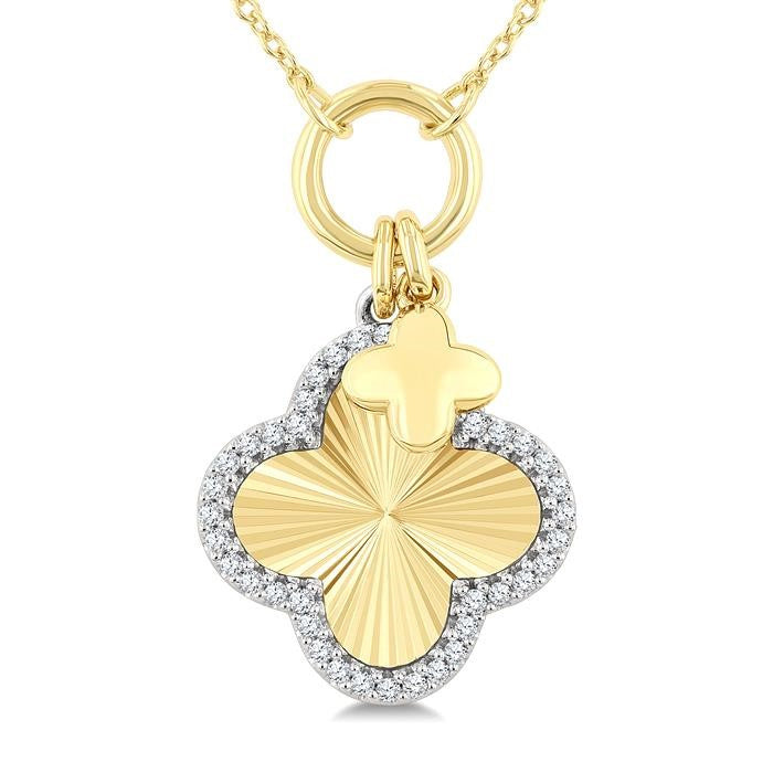 1/6 Ctw Clover Charm Fluted Round Cut Diamond Pirouette Fashion Pendant With Chain in 10K Yellow and White Gold