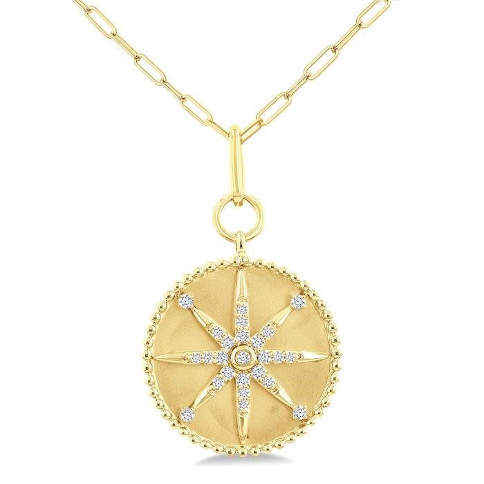 1/4 Ctw Round Cut Diamond Compass Symbol Circle Medallion Fashion Pendant With Paperclip Chain in 14K Yellow Gold
