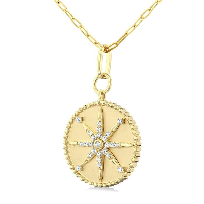 1/4 Ctw Round Cut Diamond Compass Symbol Circle Medallion Fashion Pendant With Paperclip Chain in 14K Yellow Gold
