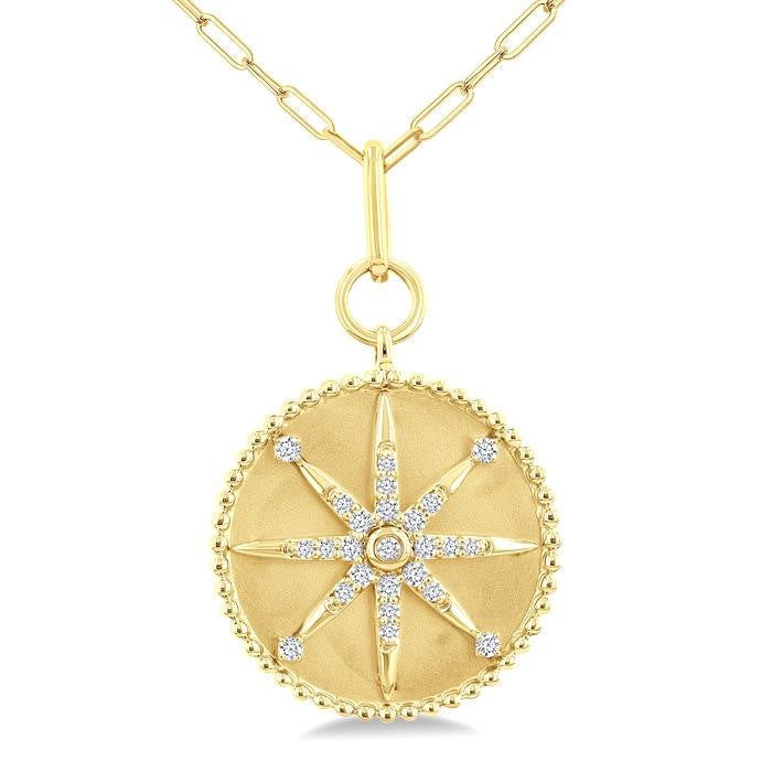 1/4 Ctw Round Cut Diamond Compass Symbol Circle Medallion Fashion Pendant With Paperclip Chain in 14K Yellow Gold