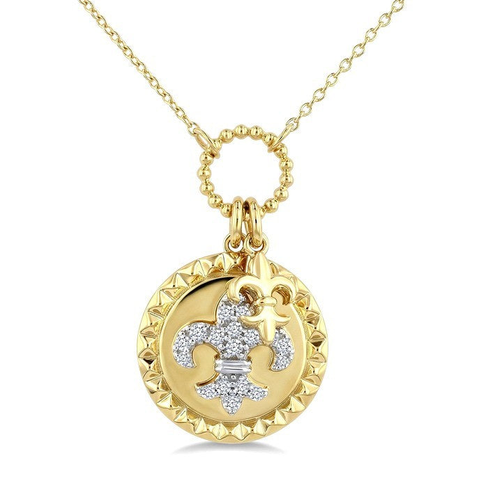 1/6 Ctw Round Cut Diamond Fleur De Lis Charm Circular Medallion Fashion Pendant With Chain in 10K Yellow Gold