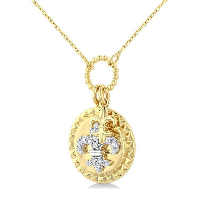 1/6 Ctw Round Cut Diamond Fleur De Lis Charm Circular Medallion Fashion Pendant With Chain in 10K Yellow Gold