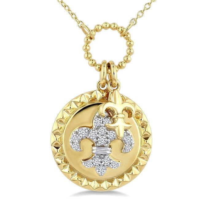 1/6 Ctw Round Cut Diamond Fleur De Lis Charm Circular Medallion Fashion Pendant With Chain in 10K Yellow Gold