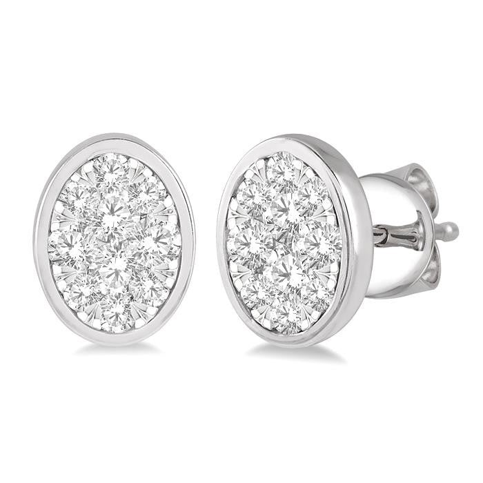 1/2 Ctw Oval Shape Shine Bright Round Cut Diamond Bezel Stud Earrings in 14K White Gold