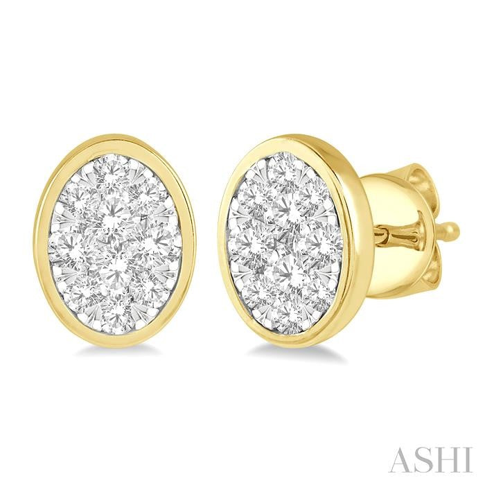 1/2 Ctw Oval Shape Shine Bright Round Cut Diamond Bezel Stud Earrings in 14K Yellow and White Gold