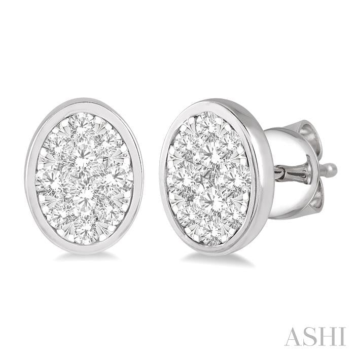 1/2 Ctw Oval Shape Shine Bright Round Cut Diamond Bezel Stud Earrings in 14K White Gold