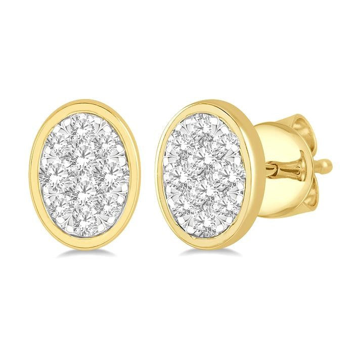 1/3 Ctw Oval Shape Shine Bright Round Cut Diamond Bezel Stud Earrings in 14K Yellow and White Gold