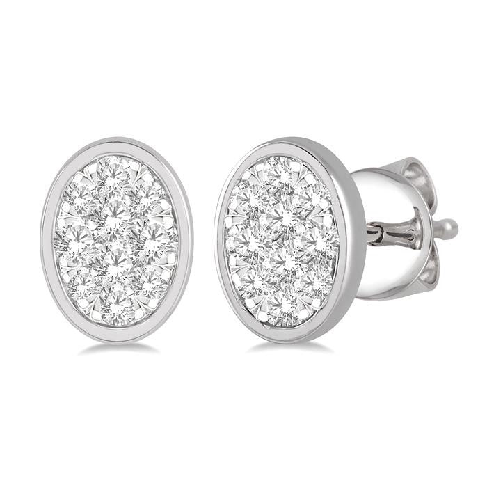 1/3 Ctw Oval Shape Shine Bright Round Cut Diamond Bezel Stud Earrings in 14K White Gold