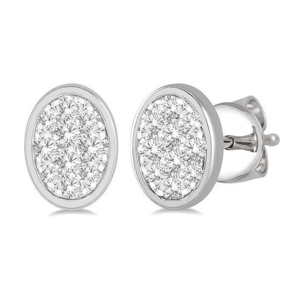 1/3 Ctw Oval Shape Shine Bright Round Cut Diamond Bezel Stud Earrings in 14K White Gold