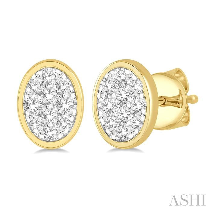 1/3 Ctw Oval Shape Shine Bright Round Cut Diamond Bezel Stud Earrings in 14K Yellow and White Gold