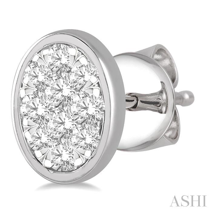 1/3 Ctw Oval Shape Shine Bright Round Cut Diamond Bezel Stud Earrings in 14K White Gold