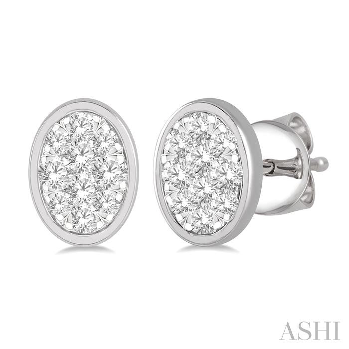 1/3 Ctw Oval Shape Shine Bright Round Cut Diamond Bezel Stud Earrings in 14K White Gold