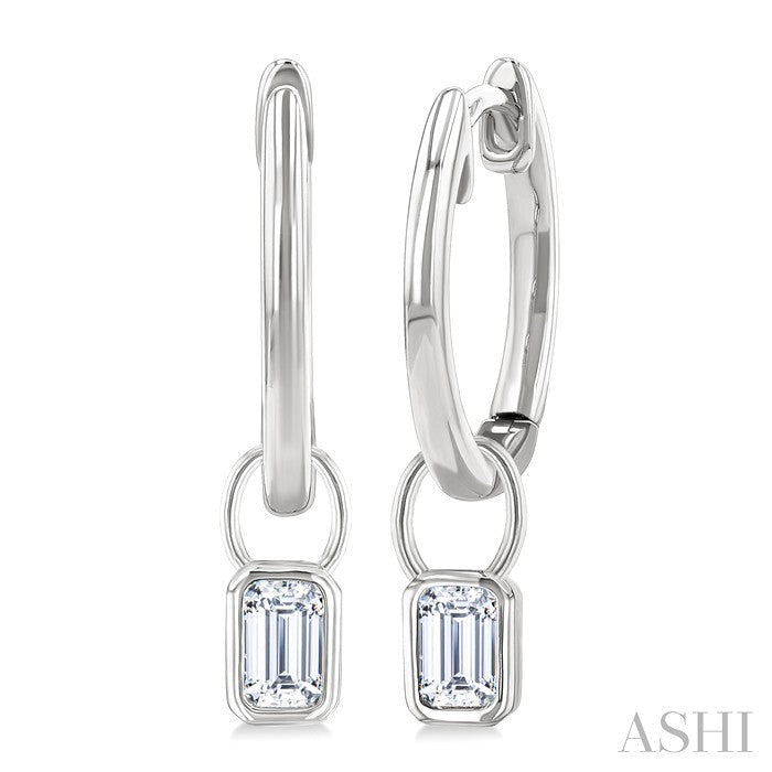 1/3 Ctw Bezel Set Emerald Cut Diamond Huggie Earrings in 14K White Gold