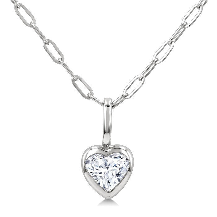1/5 Ctw Heart Shape Bezel Set Diamond Fashion Pendant With Paperclip Chain in 14K White Gold