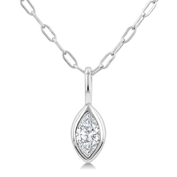 1/5 Ctw Marquise Cut Bezel Set Diamond Fashion Pendant With Paperclip Chain in 14K White Gold