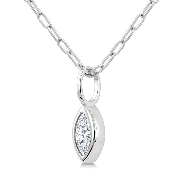 1/5 Ctw Marquise Cut Bezel Set Diamond Fashion Pendant With Paperclip Chain in 14K White Gold