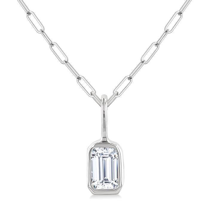 1/5 Ctw Emerald Cut Bezel Set Diamond Fashion Pendant With Paperclip Chain in 14K White Gold