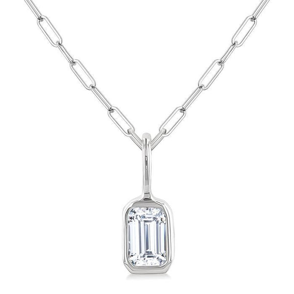 1/5 Ctw Emerald Cut Bezel Set Diamond Fashion Pendant With Paperclip Chain in 14K White Gold
