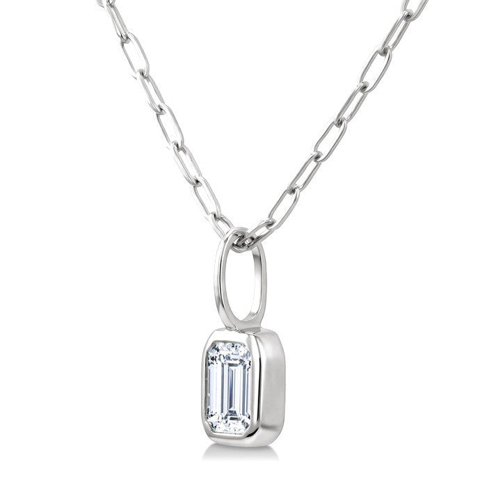 1/5 Ctw Emerald Cut Bezel Set Diamond Fashion Pendant With Paperclip Chain in 14K White Gold