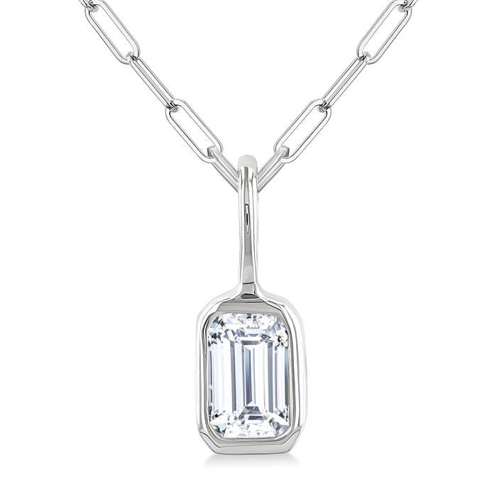 1/5 Ctw Emerald Cut Bezel Set Diamond Fashion Pendant With Paperclip Chain in 14K White Gold