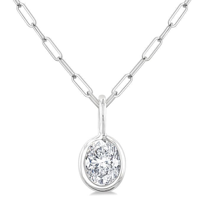 1/5 Ctw Oval Cut Bezel Set Diamond Fashion Pendant With Paperclip Chain in 14K White Gold