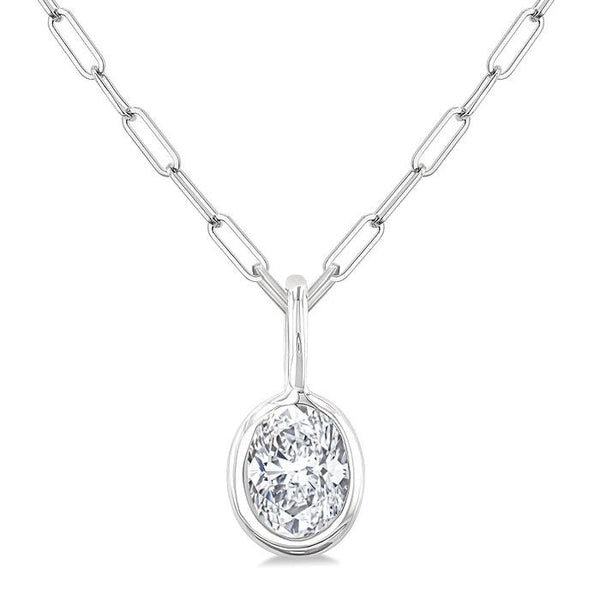 1/5 Ctw Oval Cut Bezel Set Diamond Fashion Pendant With Paperclip Chain in 14K White Gold