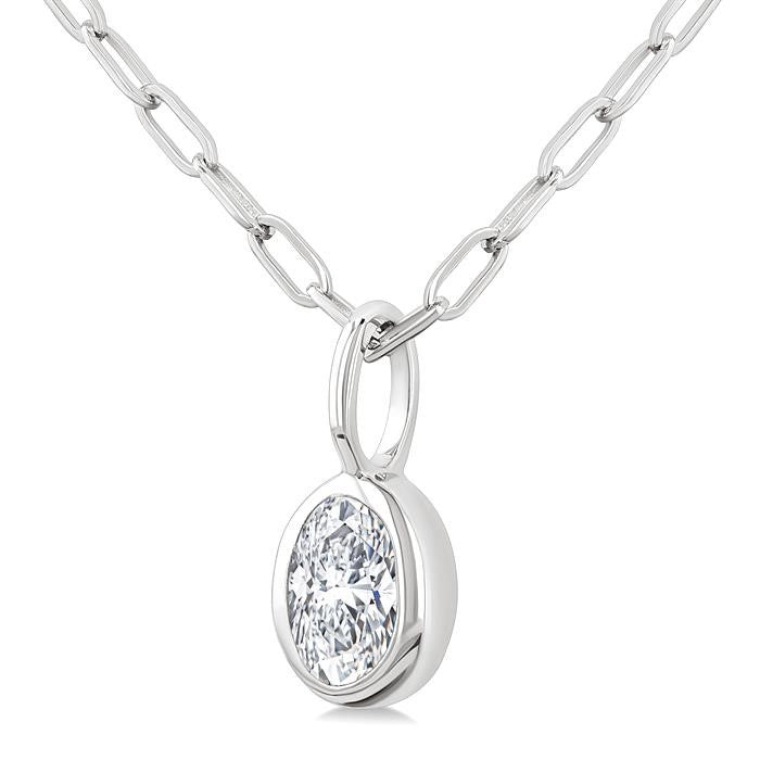 1/5 Ctw Oval Cut Bezel Set Diamond Fashion Pendant With Paperclip Chain in 14K White Gold