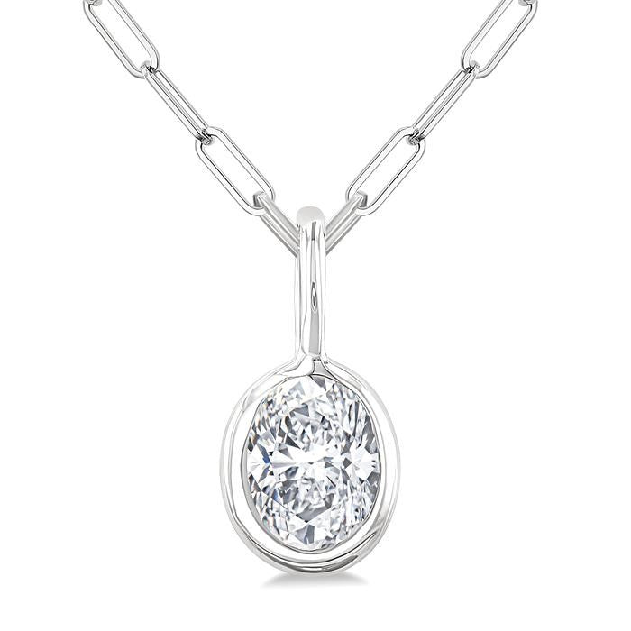 1/5 Ctw Oval Cut Bezel Set Diamond Fashion Pendant With Paperclip Chain in 14K White Gold