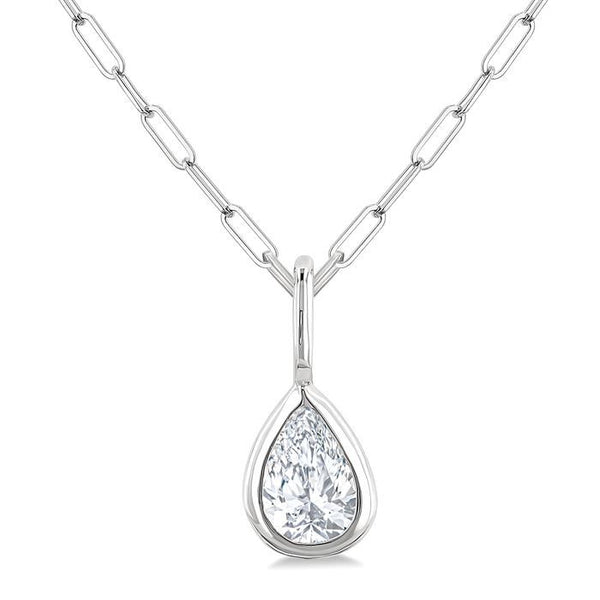 1/5 Ctw Pear Cut Bezel Set Diamond Fashion Pendant With Paperclip Chain in 14K White Gold