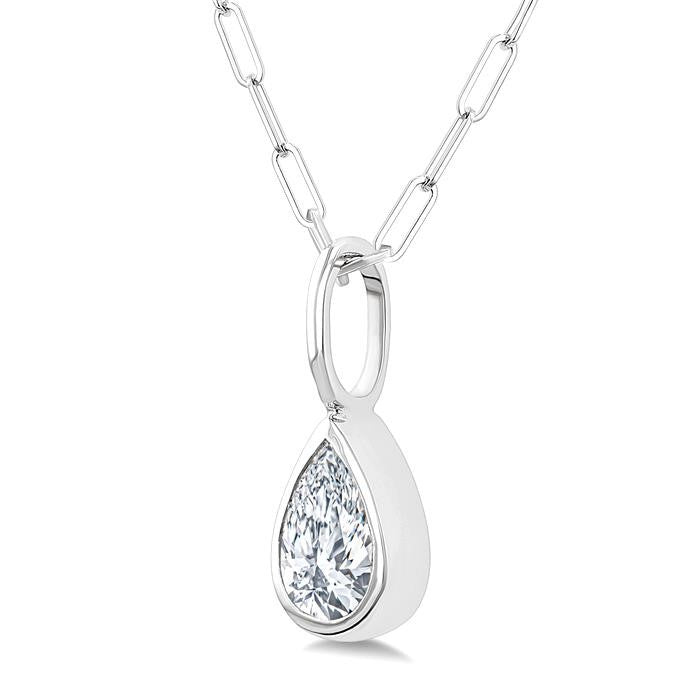 1/5 Ctw Pear Cut Bezel Set Diamond Fashion Pendant With Paperclip Chain in 14K White Gold