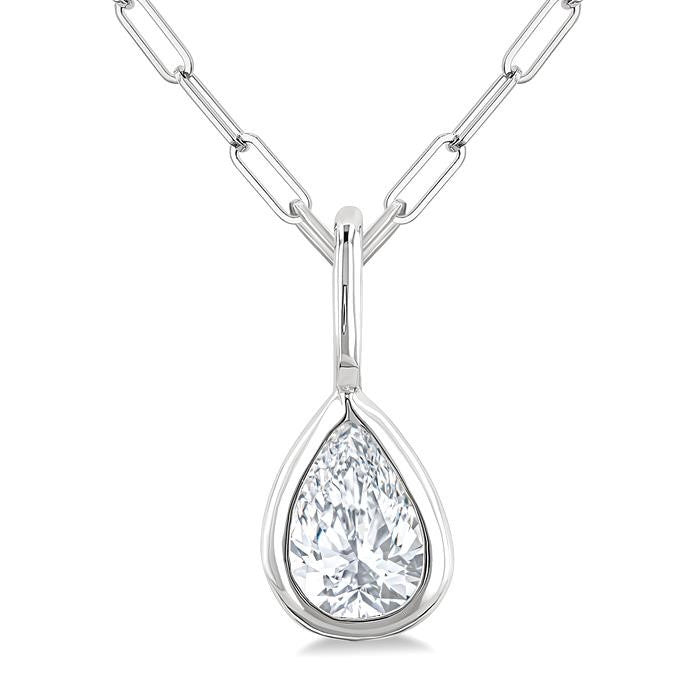 1/5 Ctw Pear Cut Bezel Set Diamond Fashion Pendant With Paperclip Chain in 14K White Gold