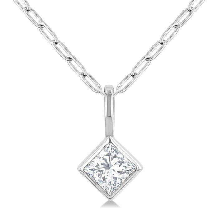 1/5 Ctw Princess Cut Bezel Set Diamond Fashion Pendant with Paperclip Chain in 14K White Gold
