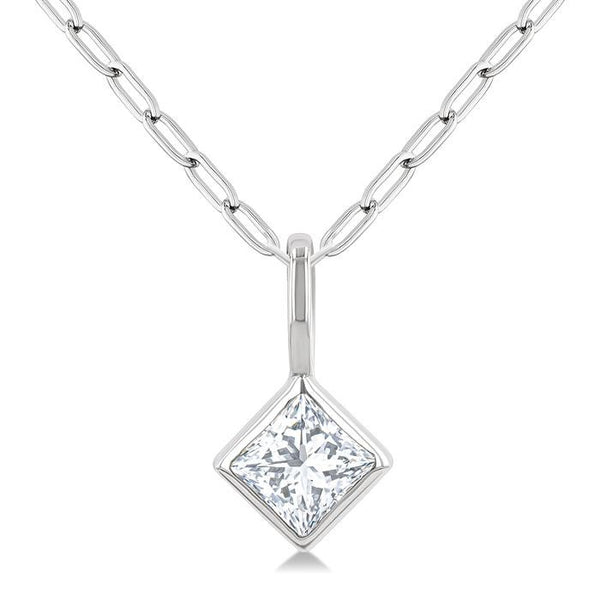 1/5 Ctw Princess Cut Bezel Set Diamond Fashion Pendant with Paperclip Chain in 14K White Gold