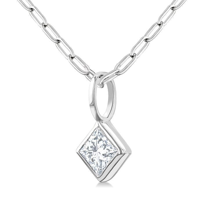 1/5 Ctw Princess Cut Bezel Set Diamond Fashion Pendant with Paperclip Chain in 14K White Gold