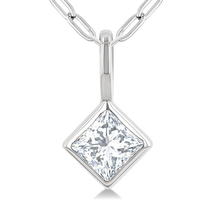 1/5 Ctw Princess Cut Bezel Set Diamond Fashion Pendant with Paperclip Chain in 14K White Gold