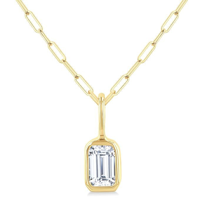 1/5 Ctw Emerald Cut Bezel Set Diamond Fashion Pendant With Paperclip Chain in 14K Yellow Gold