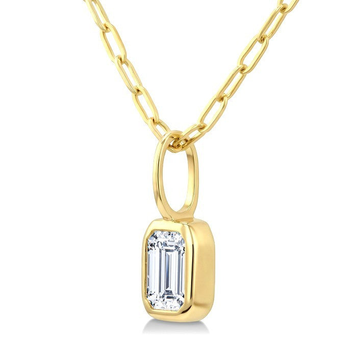 1/5 Ctw Emerald Cut Bezel Set Diamond Fashion Pendant With Paperclip Chain in 14K Yellow Gold